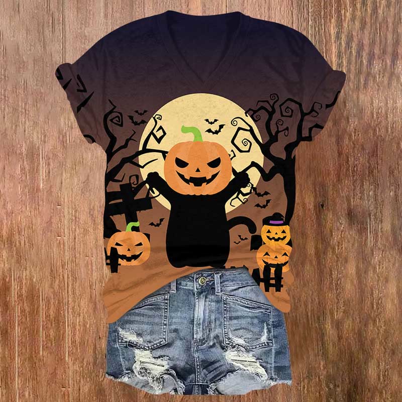 Halloween Pumpkin Black Cat & Full Moon Print V-neck T-shirt - Brown - US32-34(5XL) - image 1
