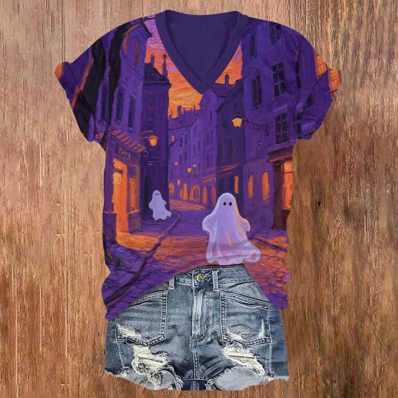 Halloween Ghosts Roaming The Street Print V-neck T-shirt - Purple - US32-34(5XL) - image 1