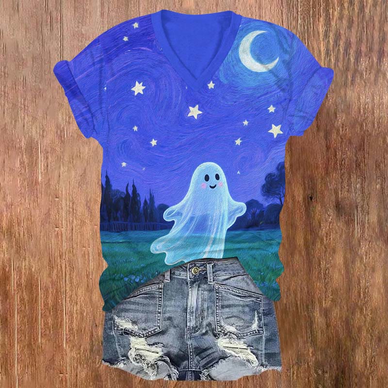 Halloween Oil Painting Cute Ghost & Starry Night Print V-neck T-shirt - Blue - US32-34(5XL) - image 1