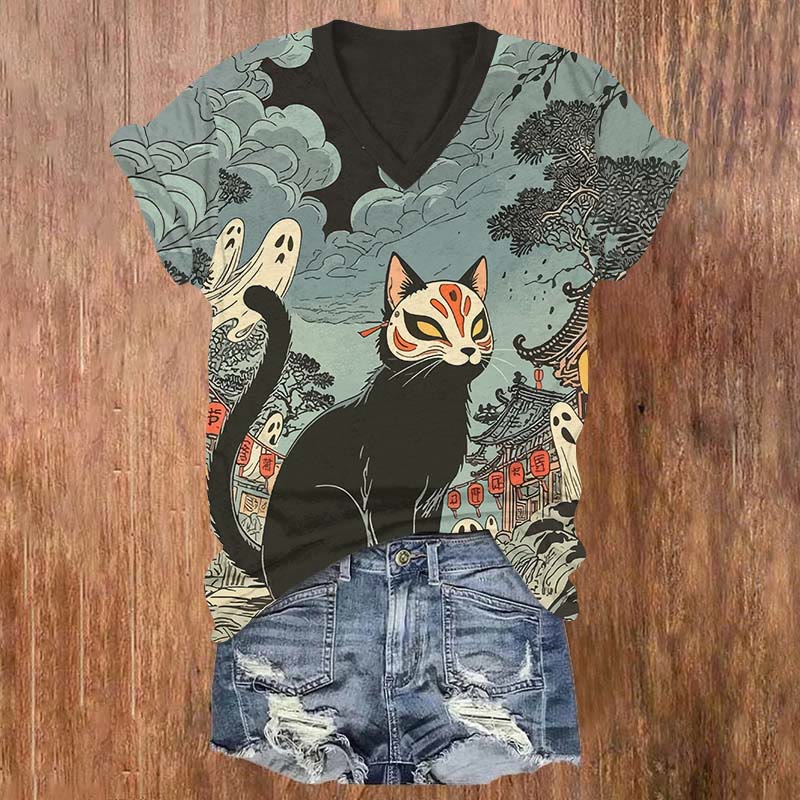 Halloween Creative Black Cat With Mask Print V-neck T-shirt - Grey - US32-34(5XL) - image 1