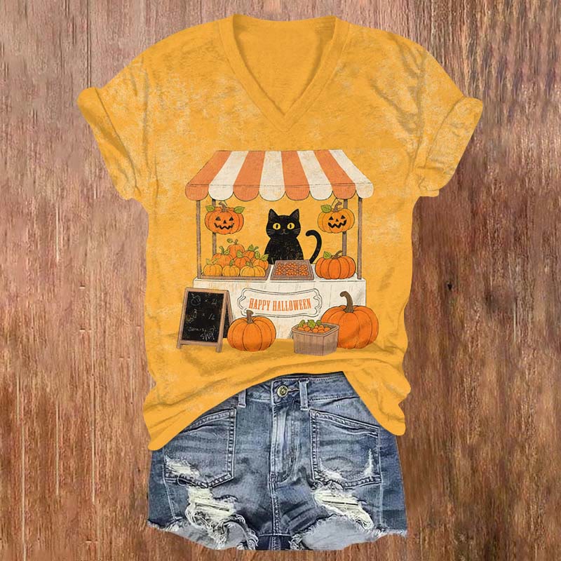 Halloween Cat Selling Pumpkin Booth Art Print V-neck T-shirt - Yellow - US32-34(5XL) - image 1