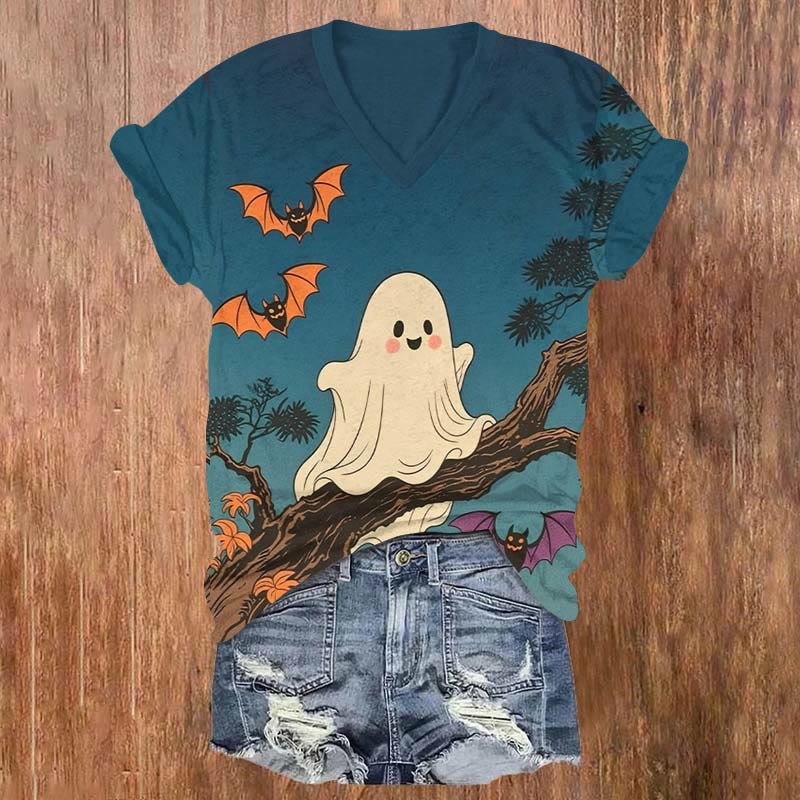Halloween Cute Ghost Walking On The Tree Branch Print V-neck T-shirt - Blue - US32-34(5XL) - image 1