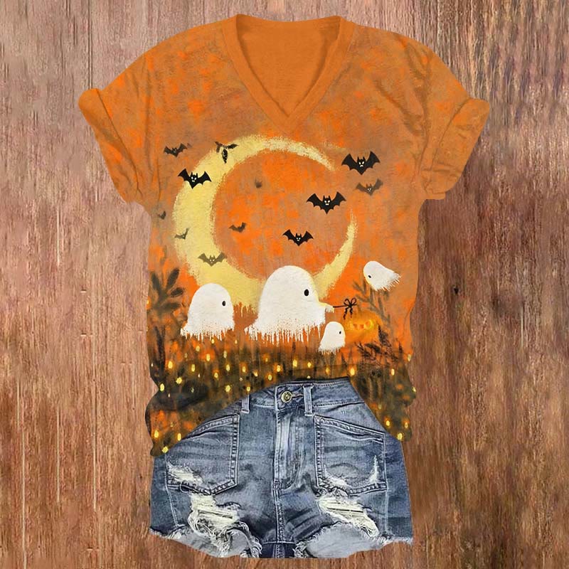 Halloween Watercolor Ghost & Bat Print V-neck T-shirt - Orange - US32-34(5XL) - image 1