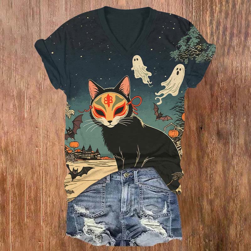 Halloween Black Cat With Fox Mask & Bats Print V-neck T-shirt - Dark Blue - US32-34(5XL) - image 1