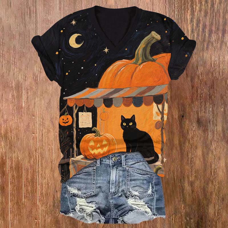 Halloween Oil Painting Cat Pumpkin Booth Print V-neck T-shirt - Orange - US32-34(5XL) - image 1