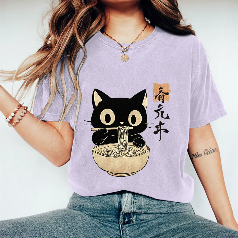 100% Cotton 	 Vintage Japanese Cute Cat Eating Ramen Art Print T-shirt - Purple - US16-18(2XL) - image 1