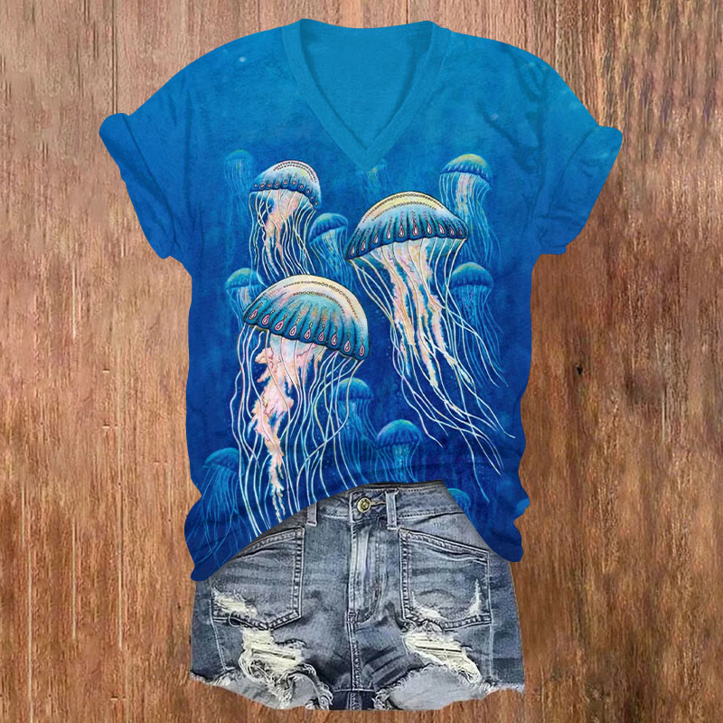 Japanese Vintage Fantasy Jellyfish Art Print V-neck T-shirt - Blue - US32-34(5XL) - image 1