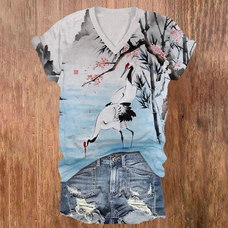 Japanese Ink Watercolor Crane By The Lake Print V-neck T-shirt - Light Gray - US32-34(5XL) - image 1