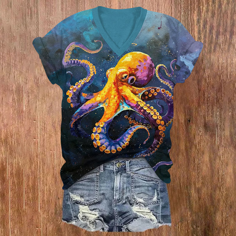 Oil Painting Colorful Octopus Art Print V-neck T-shirt - Dark Blue - US32-34(5XL) - image 1