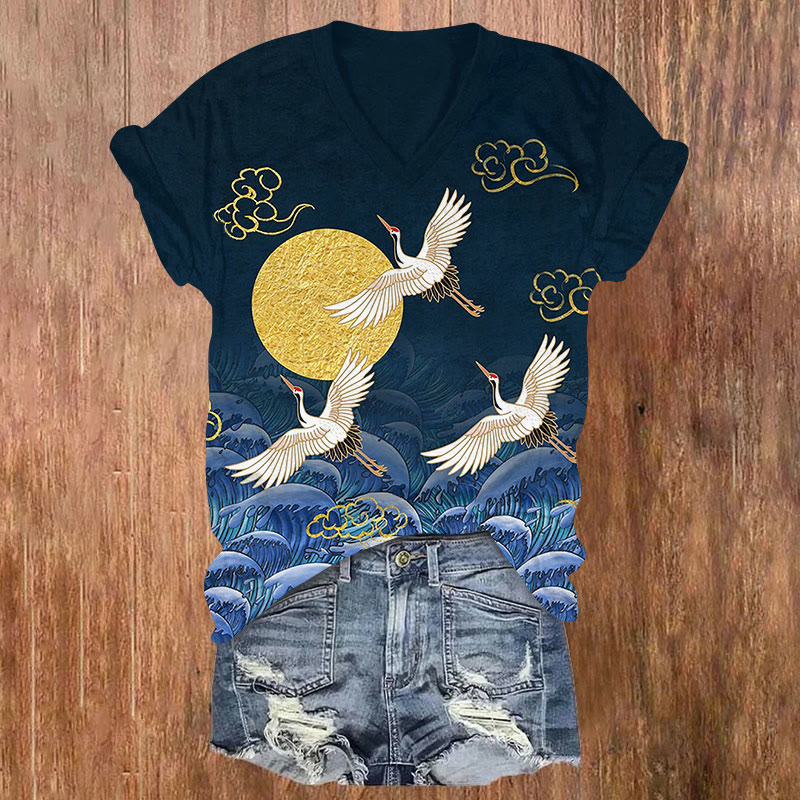 Japanese Cartoon Crane Flying Over The Moon Print V-neck T-shirt - Dark Blue - US32-34(5XL) - image 1