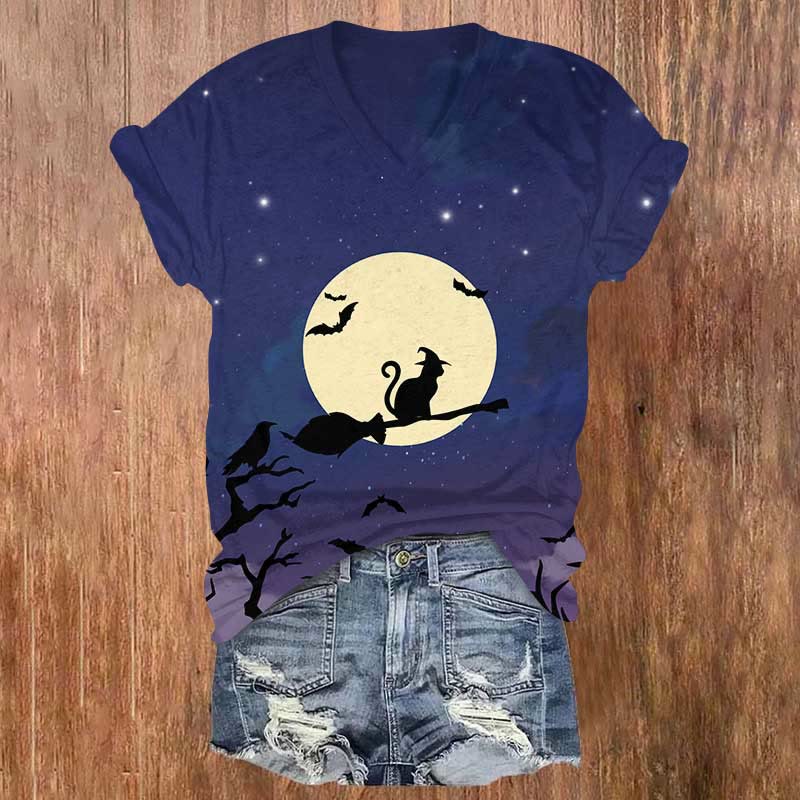 Halloween Wizard Cat In Starry Night Print V-neck T-shirt - Blue - US32-34(5XL) - image 1