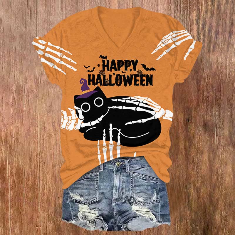 Halloween Skeleton Petting Black Cat Print V-neck T-shirt - Orange - US32-34(5XL) - image 1