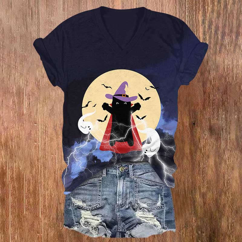 Halloween Wizard Cat Casting Spell Print V-neck T-shirt - Dark Blue - US32-34(5XL) - image 1