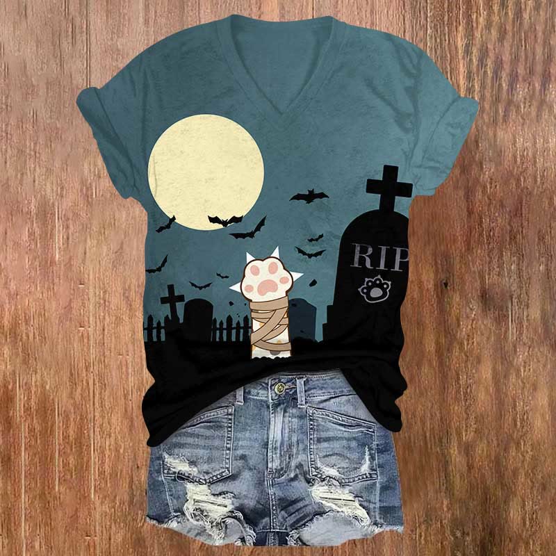 Halloween Dead Cat Resurrected Print V-neck T-shirt - Blue - US32-34(5XL) - image 1