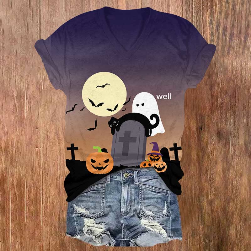 Halloween Ghost Looking At The Cat On Tombstone Print V-neck T-shirt - Purple - US32-34(5XL) - image 1