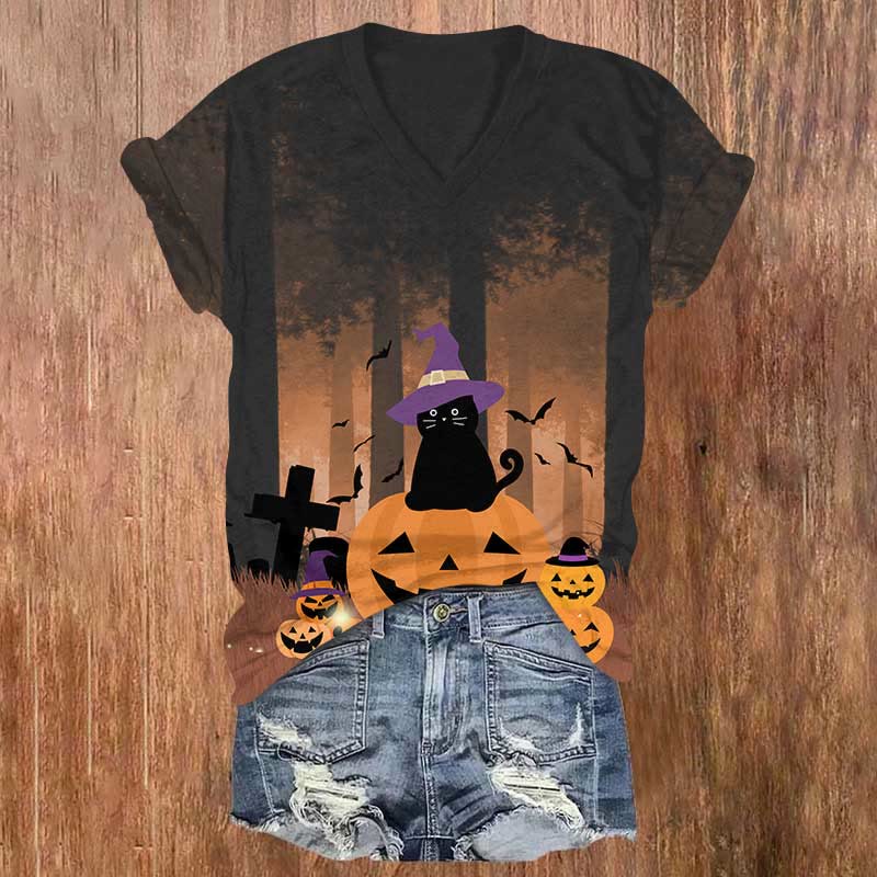 Halloween Wizard Cat Sitting On Jack-o'-lantern Print V-neck T-shirt - Black - US32-34(5XL) - image 1