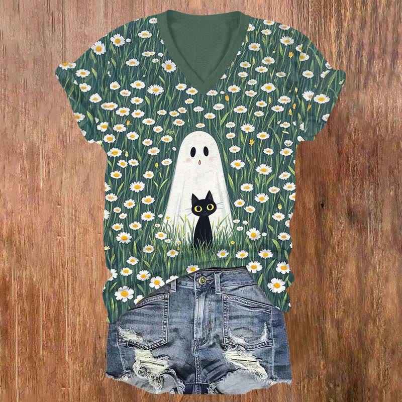  Halloween Cat & Ghost Among The Chrysanthemums Print V-neck T-shirt - Green - US32-34(5XL) - image 1