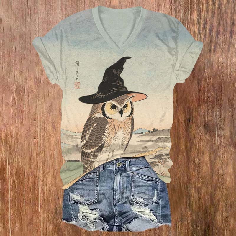 Halloween Funny Wizard Owl Art Print V-neck T-shirt - Light Blue - US32-34(5XL) - image 1