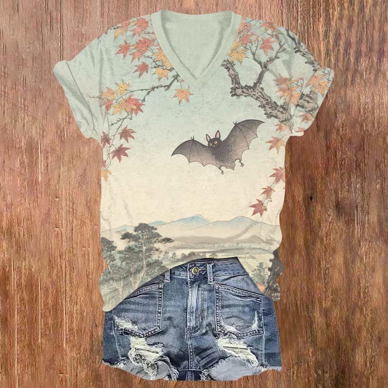Halloween Maple Tree & Flying Bat Print V-neck T-shirt - Light Blue - US32-34(5XL) - image 1