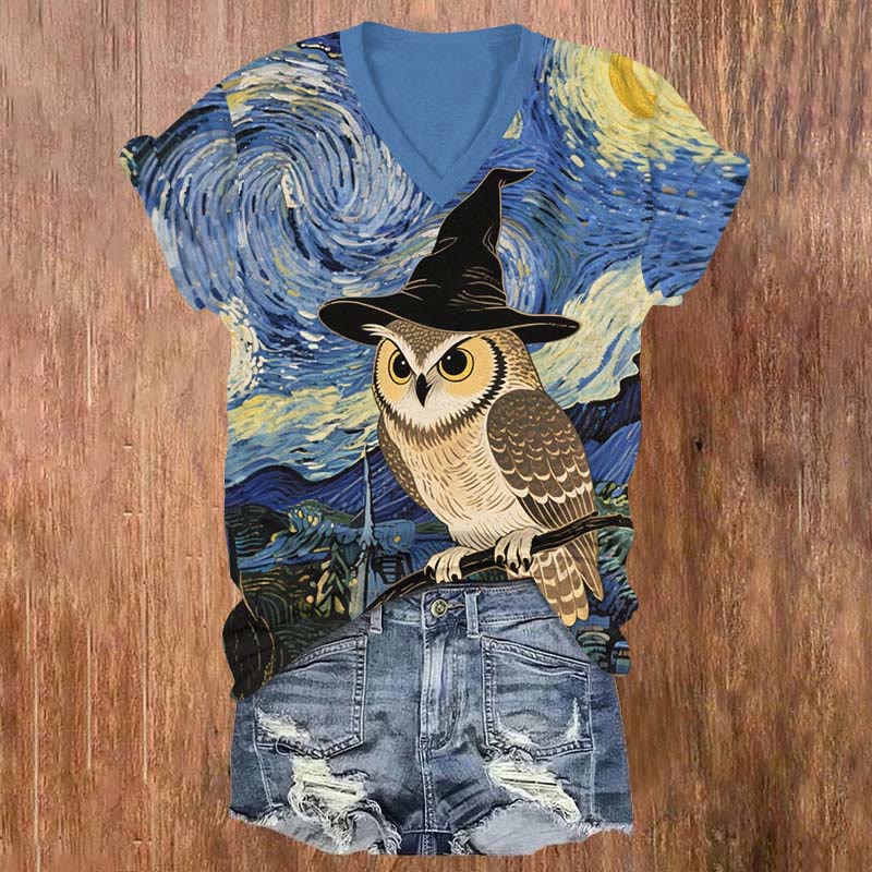  Halloween Oil Painting Wizard Owl Art Print V-neck T-shirt - Blue - US32-34(5XL) - image 1