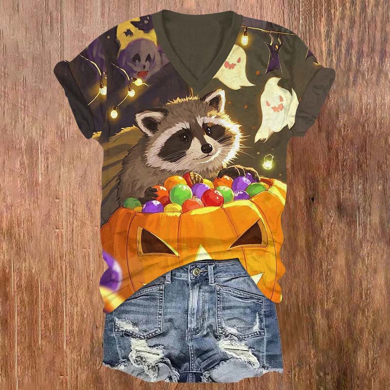 Halloween Raccoon Holding Colorful Sugars Print V-neck T-shirt - Brown - US32-34(5XL) - image 1