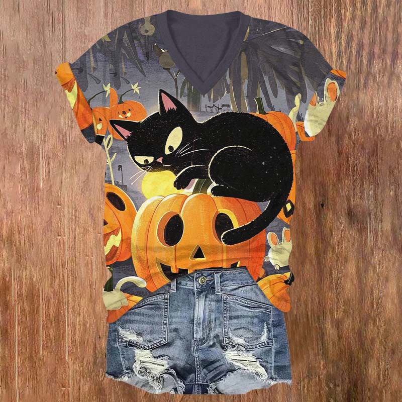 Halloween Funny Black Cat Sitting On Jack-o'-lantern Print V-neck T-shirt - Grey - US32-34(5XL) - image 1