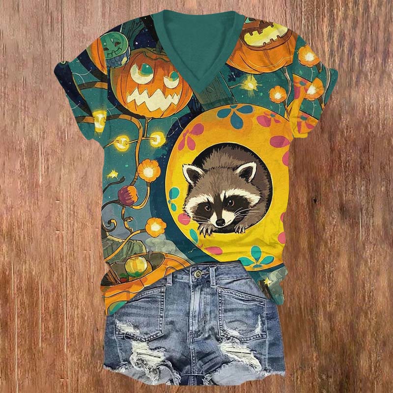 Halloween Funny Raccoon Climbing Out From Jack-o'-lantern Print V-neck T-shirt - Green - US32-34(5XL) - image 1