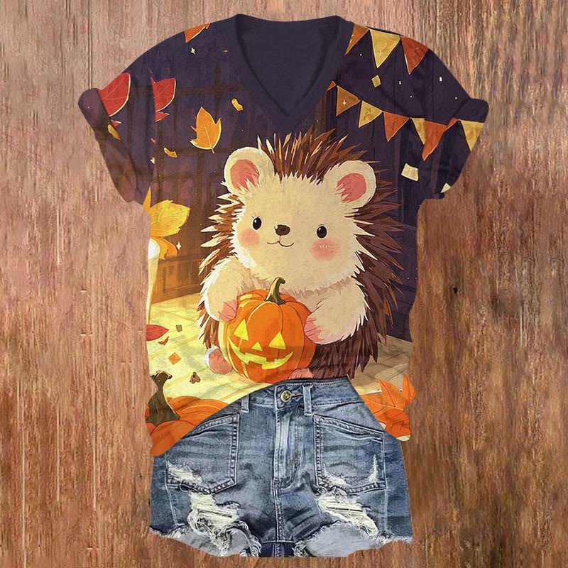 Halloween Lovely Hedgehog Holding Jack-o'-lantern Print V-neck T-shirt - Purple - US32-34(5XL) - image 1