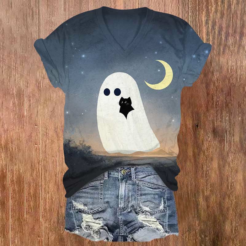 Halloween Ghost Holding A Black Cat Print V-neck T-shirt - Blue - US32-34(5XL) - image 1