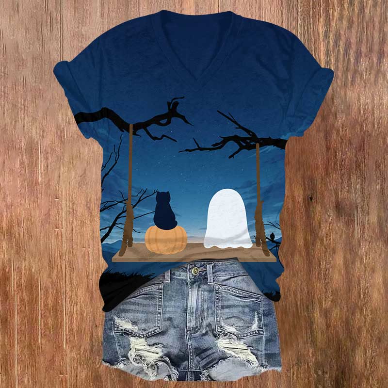 Halloween Cat And Ghost Swinging In Dark Night Print V-neck T-shirt - Blue - US32-34(5XL) - image 1