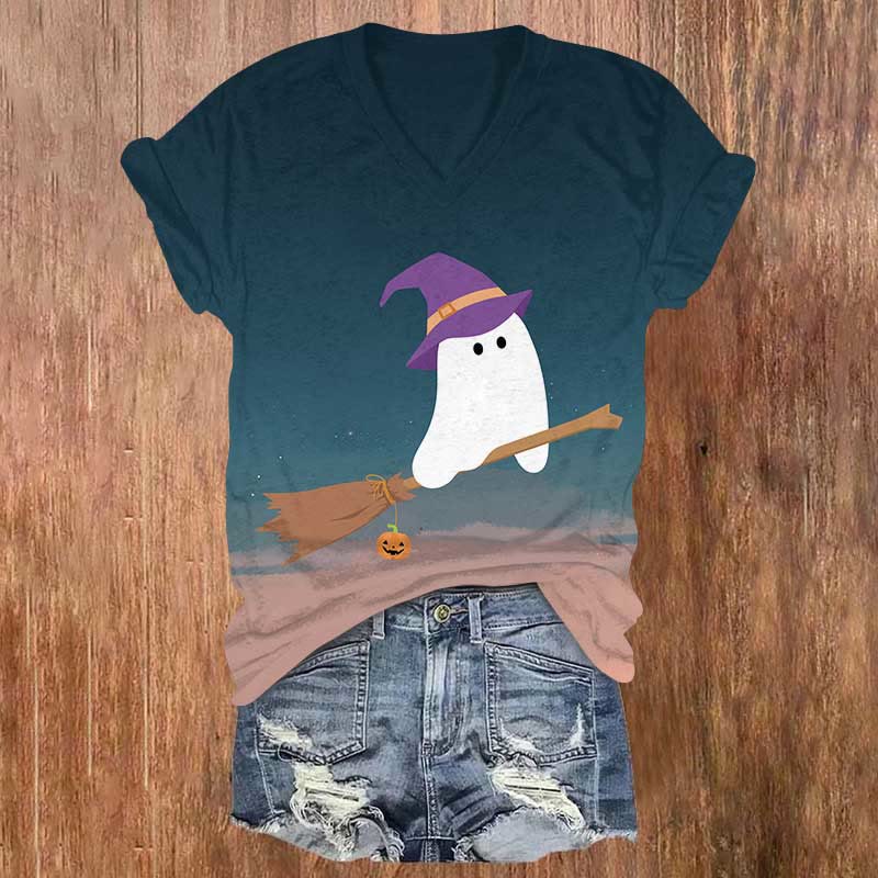 Halloween Wizard Ghost Riding A Broom Print V-neck T-shirt - Green - US32-34(5XL) - image 1