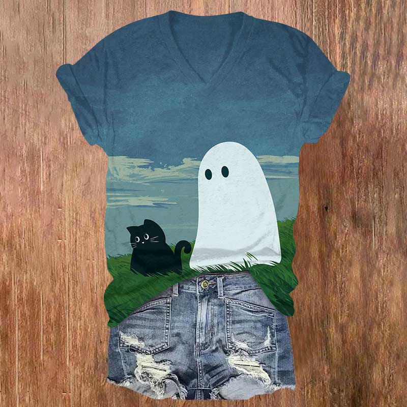 Halloween Ghost Accompany With Black Cat On The Hillside Print V-neck T-shirt - Blue - US32-34(5XL) - image 1