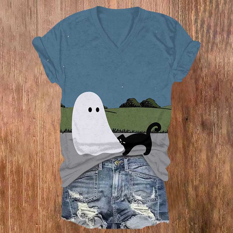Halloween Naughty Black Cat Bites Ghost Print V-neck T-shirt - Blue - US32-34(5XL) - image 1