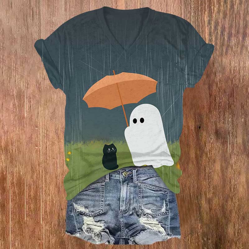 Halloween Lovely Ghost Holding Umbrella For Black Cat Print V-neck T-shirt - Green - US32-34(5XL) - image 1