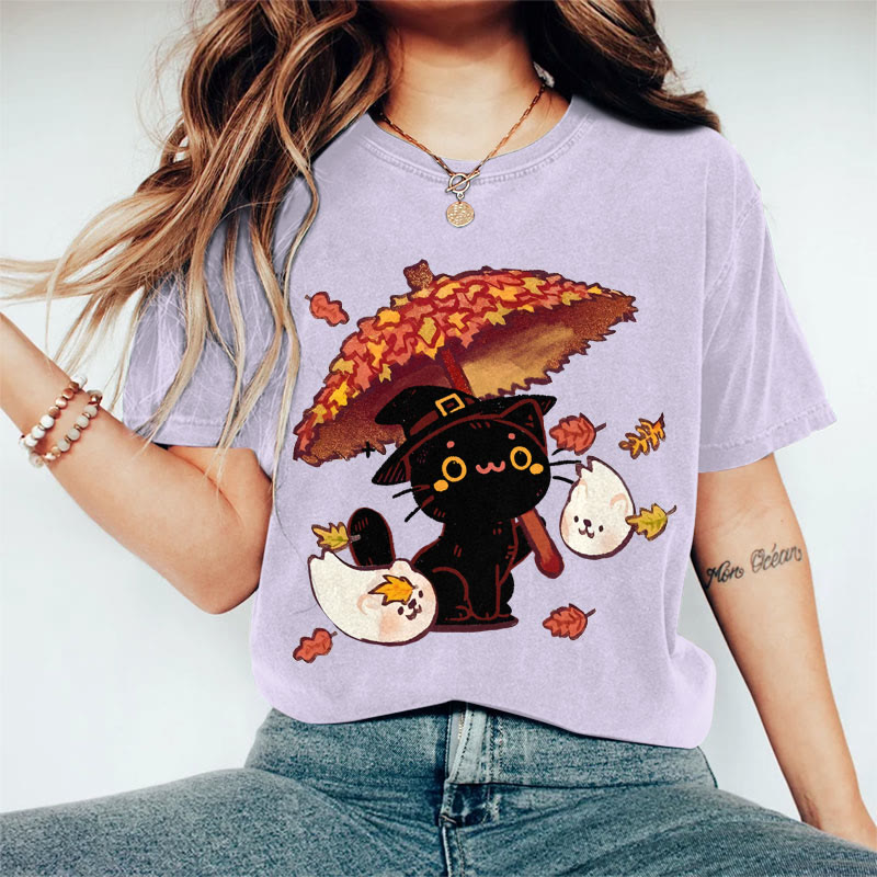 100% Cotton Women's Halloween Black Cat Holding Maple Leaf Umbrella Art Print Casual T-shirt - Purple - 2XL - image 1