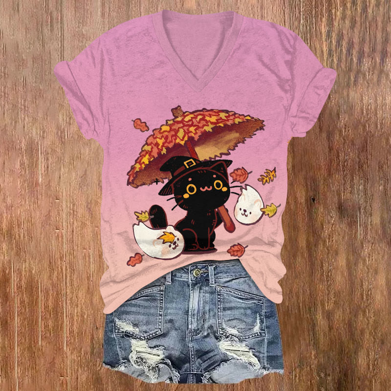 Women's Halloween Black Cat Holding Maple Leaf Umbrella Art T-shirt - Pink - US32-34(5XL) - image 1