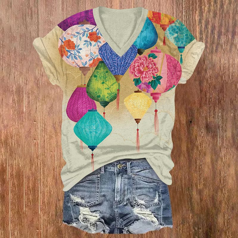 Japanese Lanterns Art Print V-neck T-shirt - Apricot - US32-34(5XL) - image 1