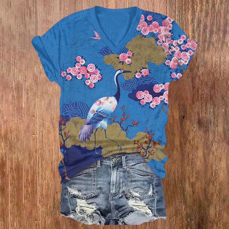 Japanese Flowers And Crane Art Print V-neck T-shirt - Blue - US32-34(5XL) - image 1
