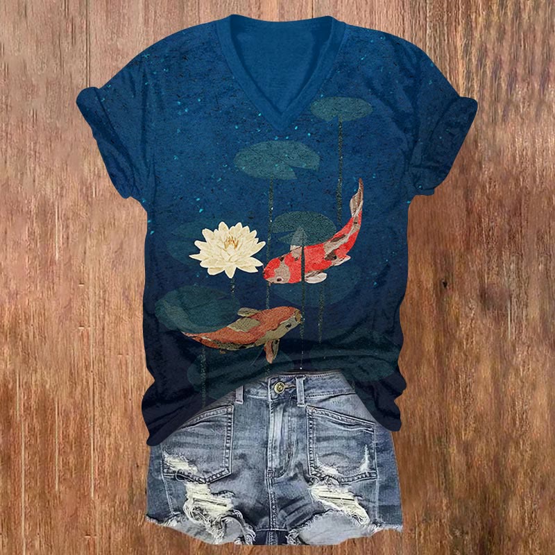 Koi And Lotus Art Print V-neck T-shirt - Blue - US32-34(5XL) - image 1