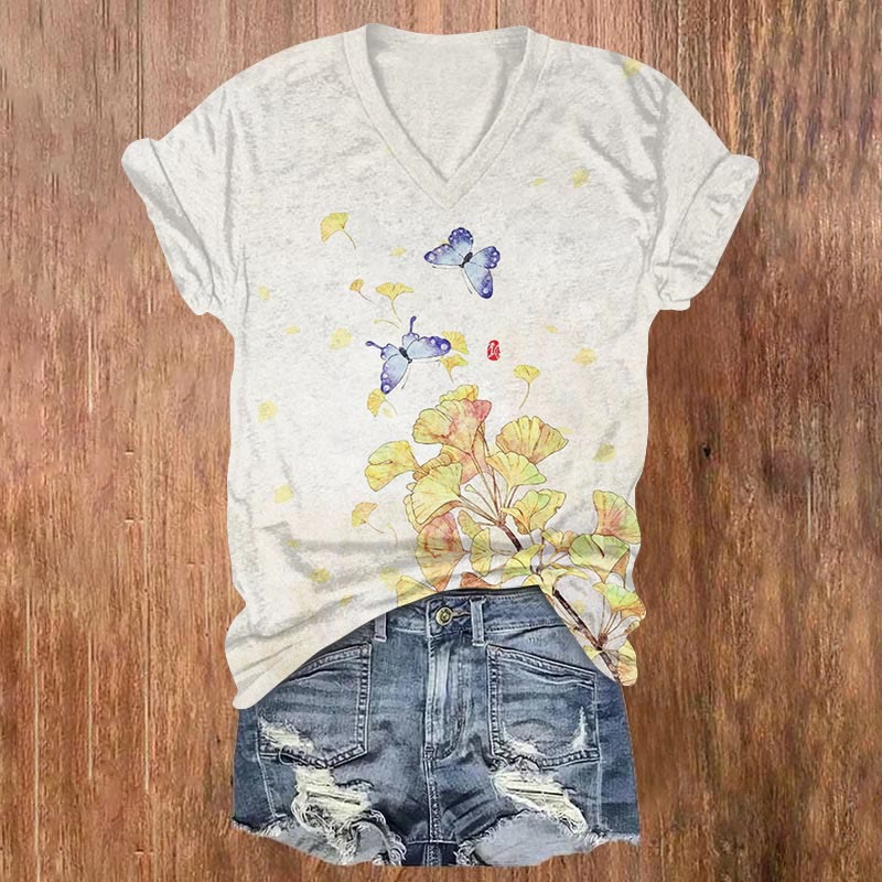 Butterflies And Flowers Art Print V-neck T-shirt - Apricot - US32-34(5XL) - image 1