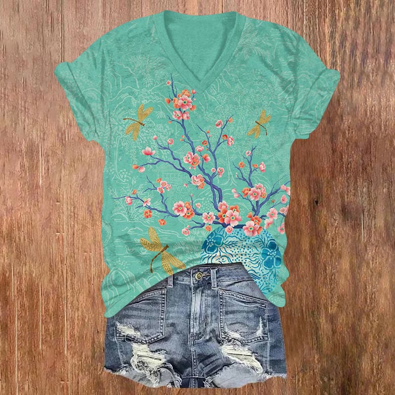 Japanese Flowers And Dragonflies Art Print V-neck T-shirt - Green - US32-34(5XL) - image 1