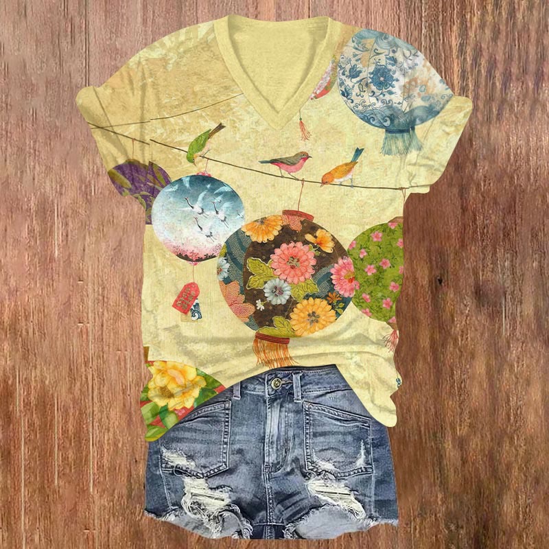 Japanese Lanterns And Birds Art Print V-neck T-shirt - Yellow - US32-34(5XL) - image 1
