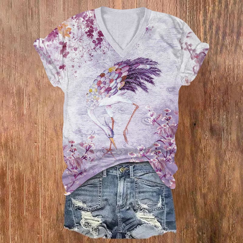 Japanese Crane And Pond Art Print V-neck T-shirt - Purple - US32-34(5XL) - image 1