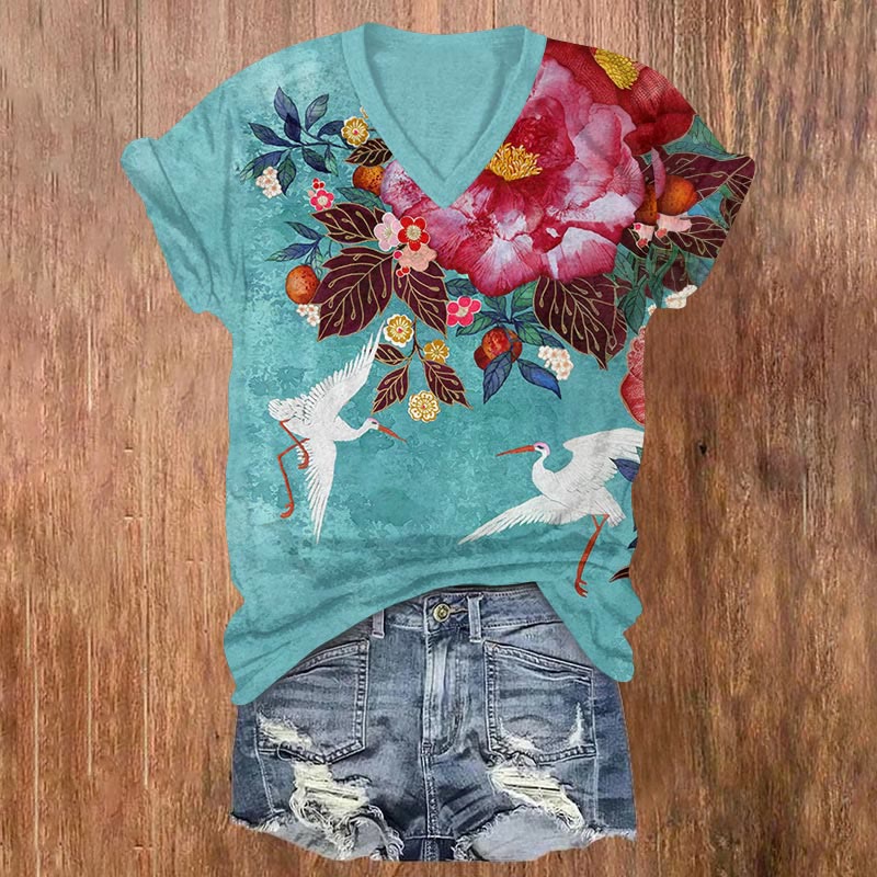 Japanese Flowers And Cranes Art Print V-neck T-shirt - Blue - US32-34(5XL) - image 1