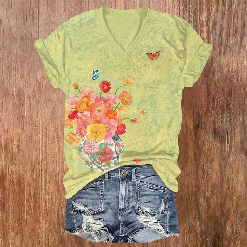 Japanese Flowers And Butterflies Art Print V-neck T-shirt - Green - US32-34(5XL) - image 1