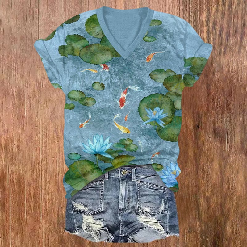 Japanese Koi And Lotus Art Print V-neck T-shirt - Blue - US32-34(5XL) - image 1