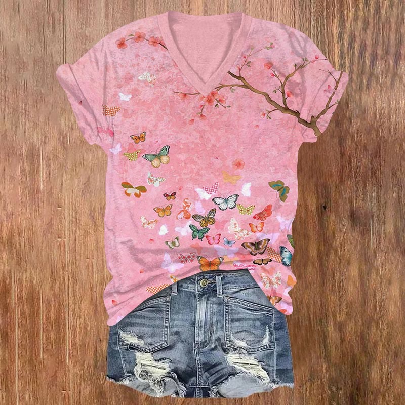 Painting Flowers And Butterflies Art Print V-neck T-shirt - Pink - US32-34(5XL) - image 1