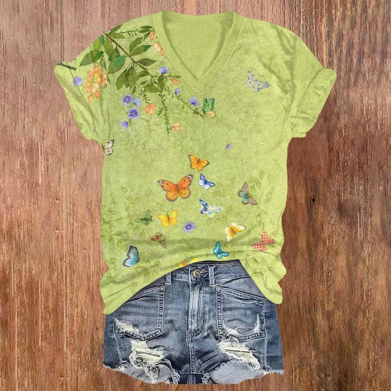 Painting Flowers And Butterflies Art Print V-neck T-shirt - Green - US32-34(5XL) - image 1