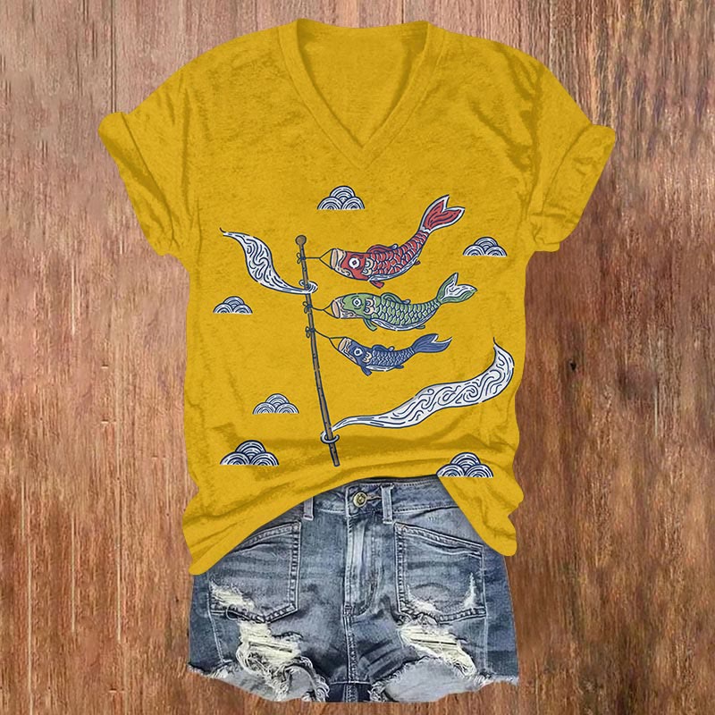 Japanese Carp Streamer Print V-neck T-shirt - Yellow - US32-34(5XL) - image 1