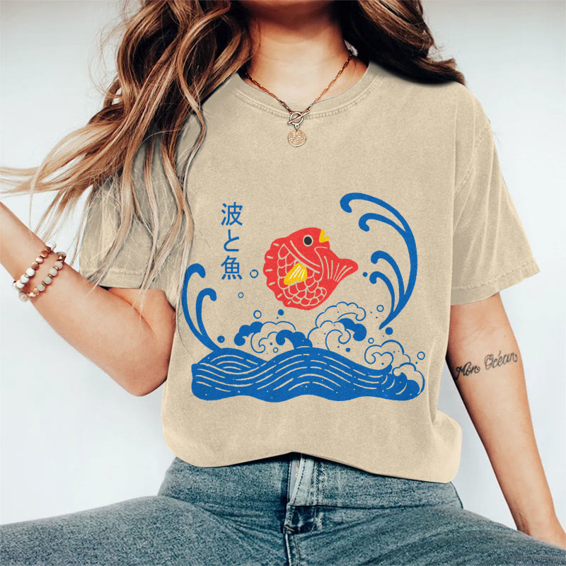 100% Cotton Women's Japanese Lovely Cartoon Koi Art Print Casual T-shirt - Khaki - 2XL - image 1